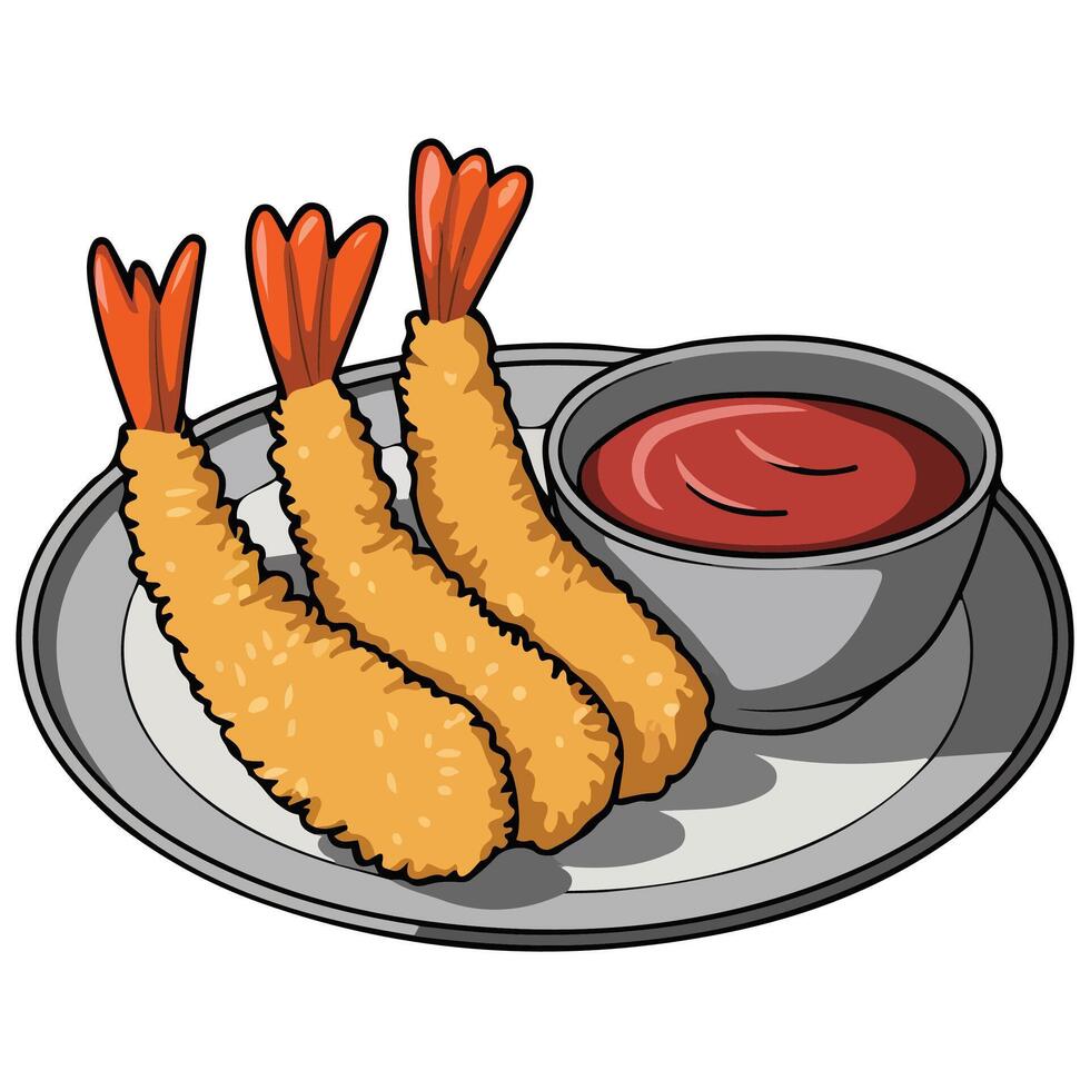 Fried shrimp tempura with dipping sauce isolated illustration on white background vector