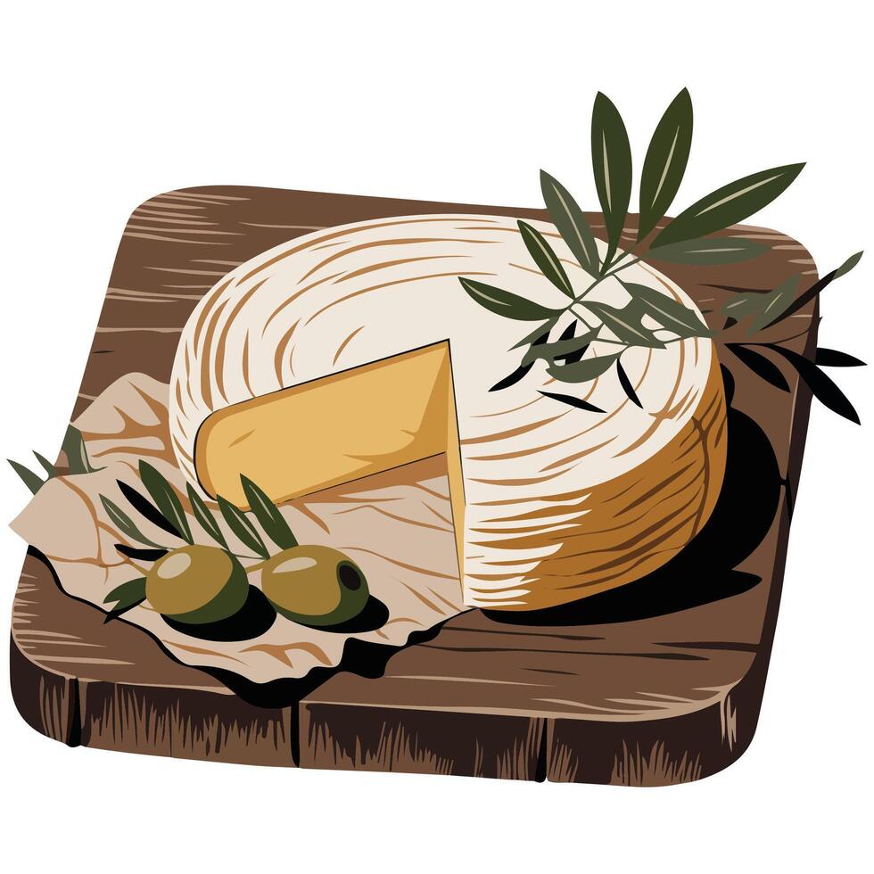 camembert disk cheese paper tray isolated illustration on white background vector