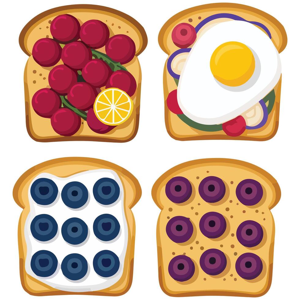 Toast and sandwich breakfast set with various toppings isolated illustration on white background vector