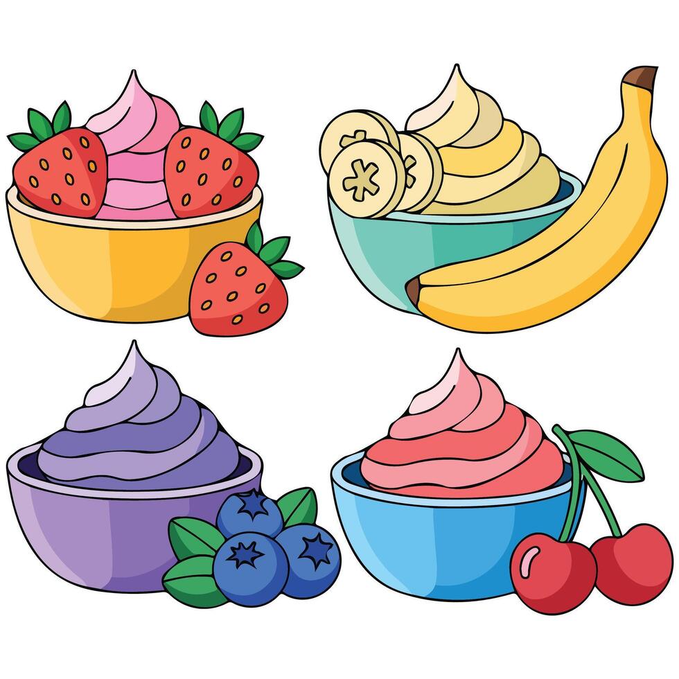 Fruit yogurt collection in bowls isolated illustration on white background vector