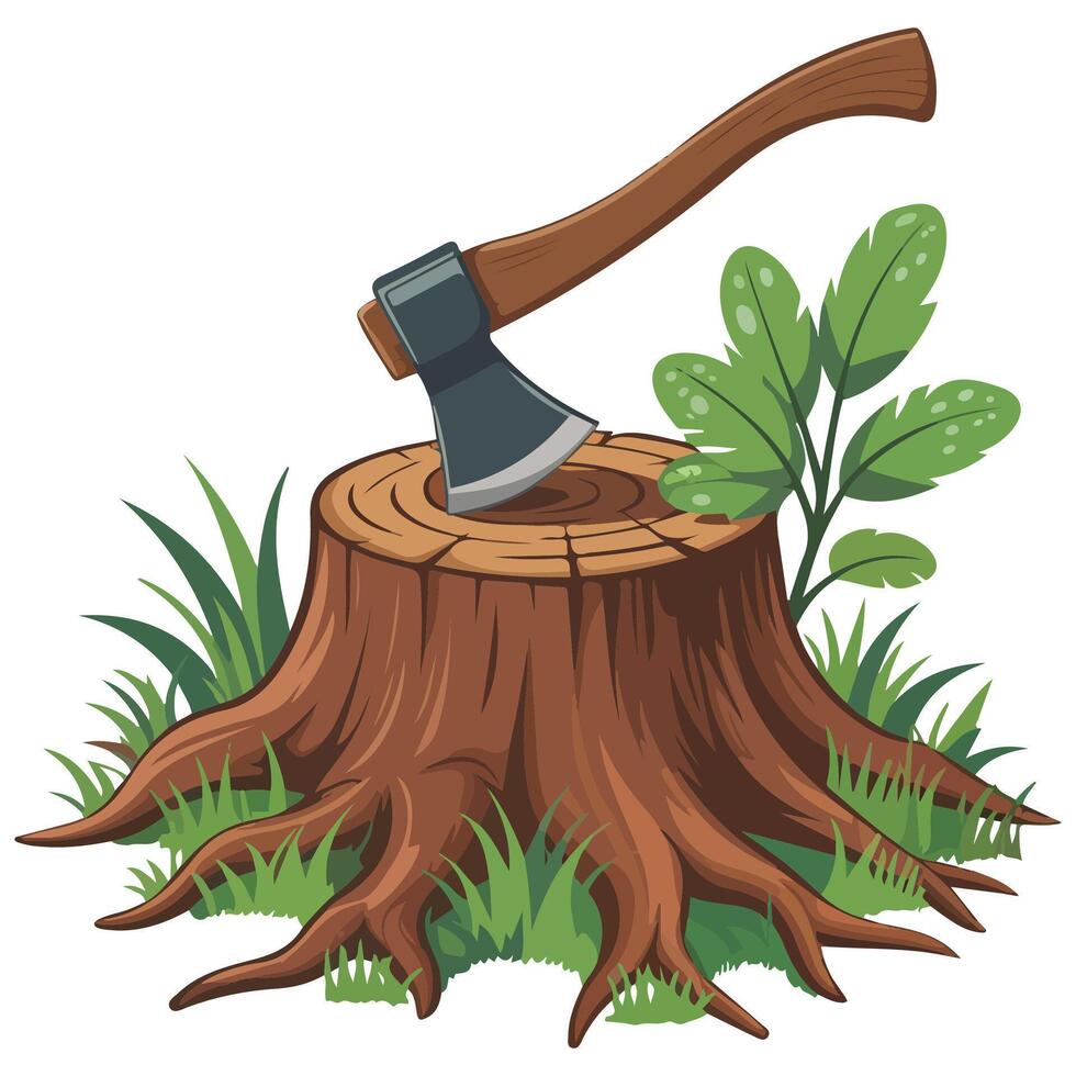 stump with axe deforestation concept isolated illustration on white background vector
