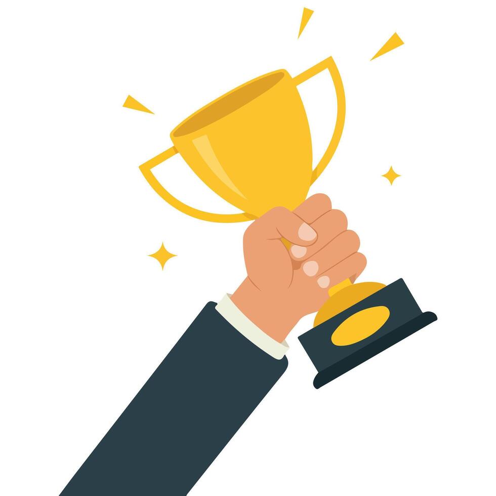 Hand raising golden trophy isolated illustration on white background vector