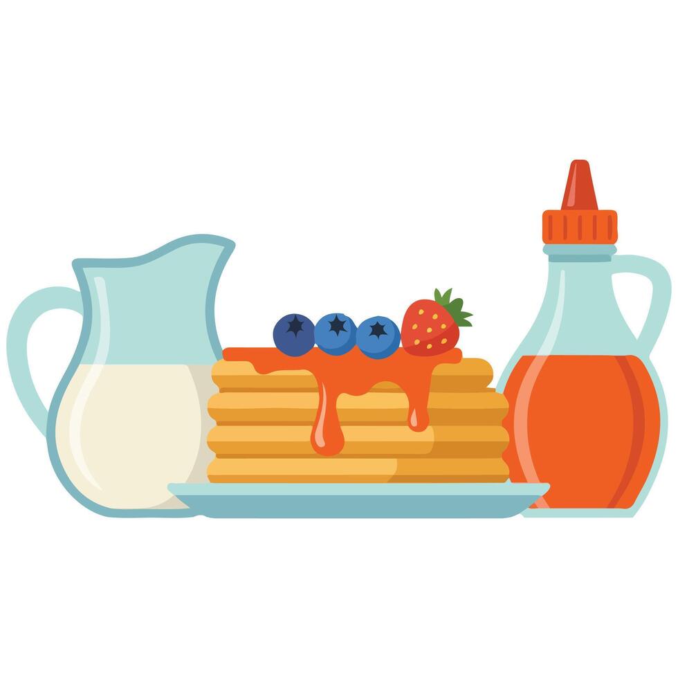Low fat pancakes with syrup and milk isolated illustration on white background vector