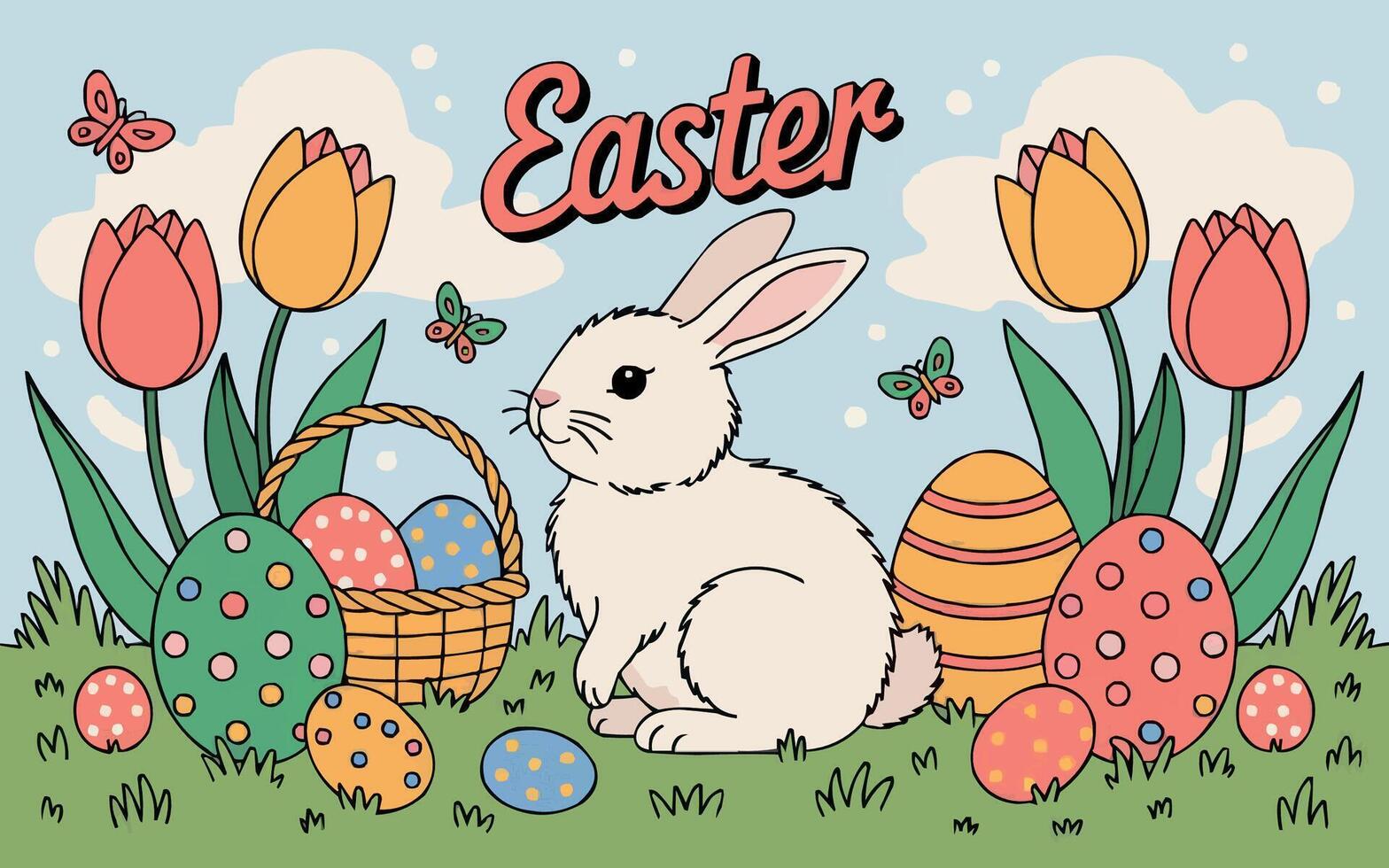 easter bunny with eggs and flowers vector