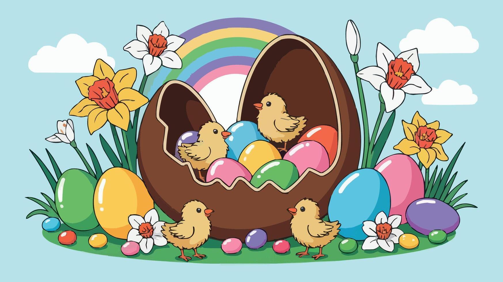 easter eggs with chicks and a rainbow vector