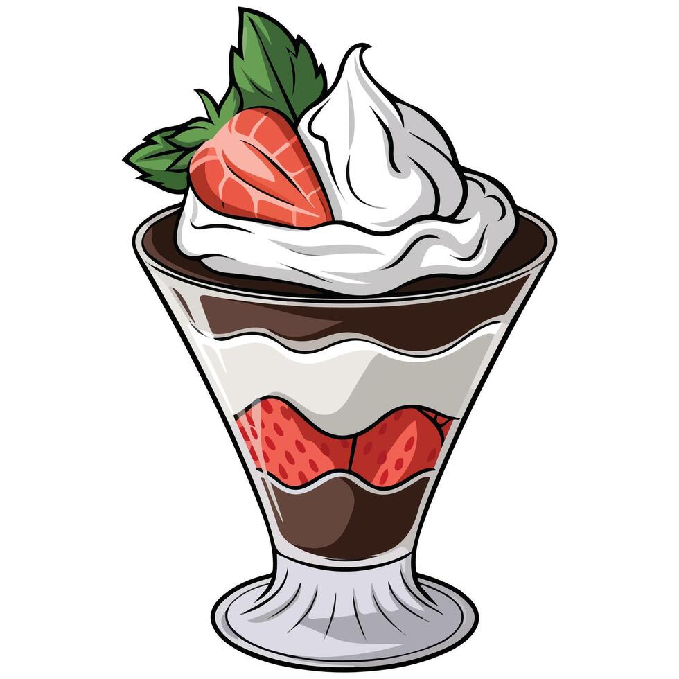 Creamy chocolate parfait with strawberries in glass isolated illustration on white background vector