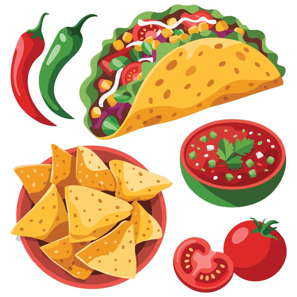 Mexican food set burrito taco nachos isolated illustration on white background vector