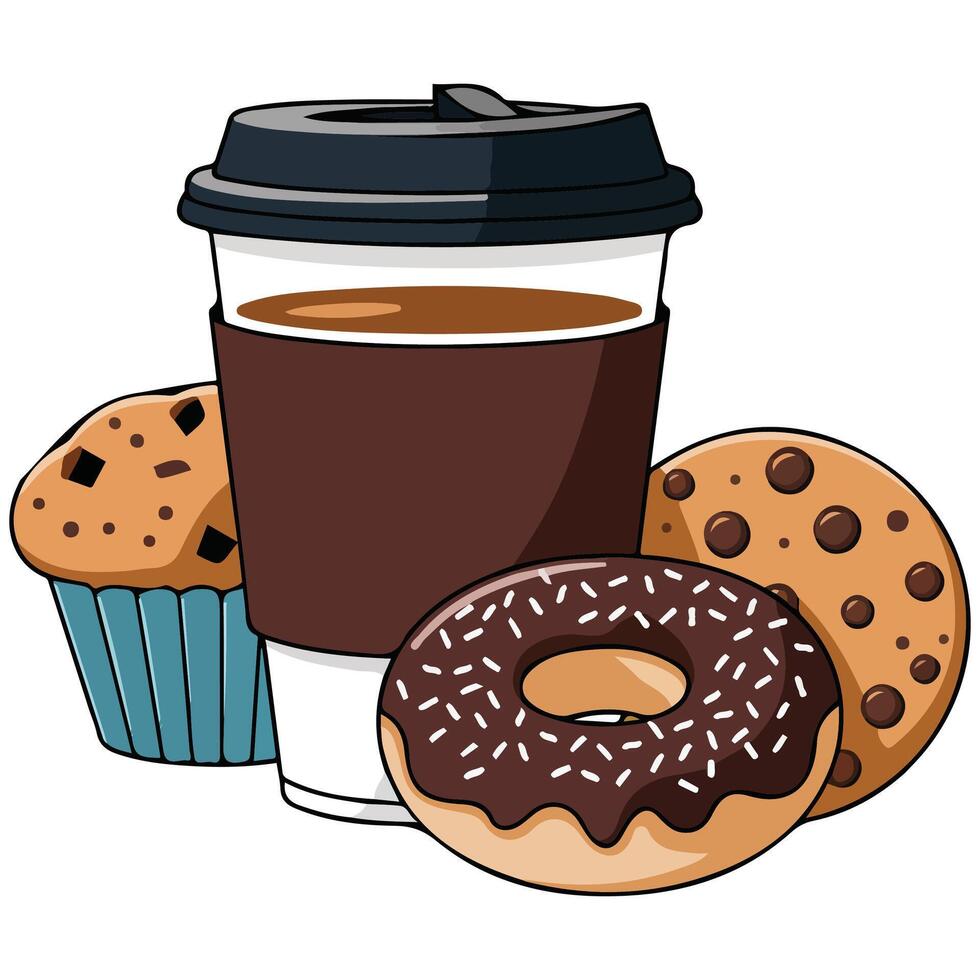 Coffee cup with cookies and donuts isolated illustration on white background vector