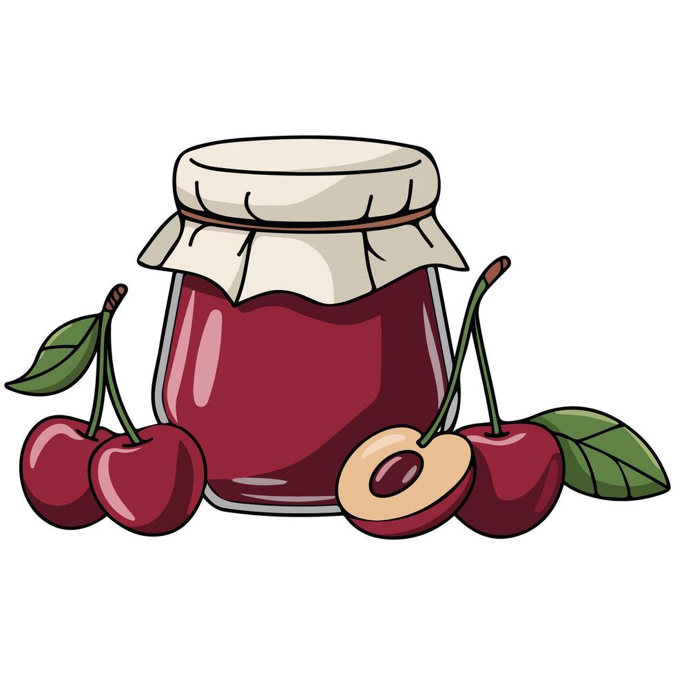 Cherry jam jar with fresh fruit isolated illustration on white background vector