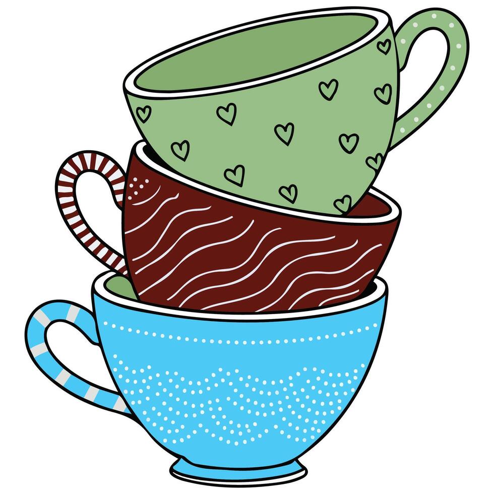 tea stack teacups different designs isolated illustration on white background vector