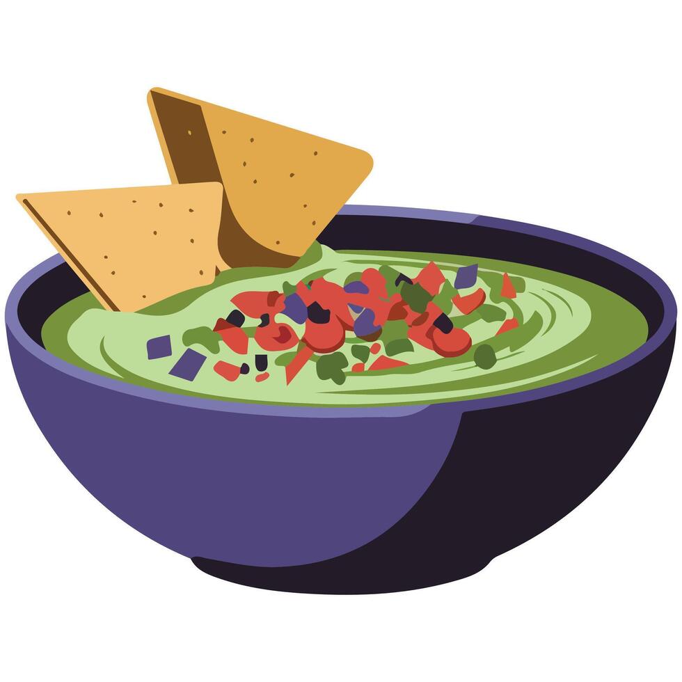 Bowl of fresh guacamole with chips isolated illustration on white background vector