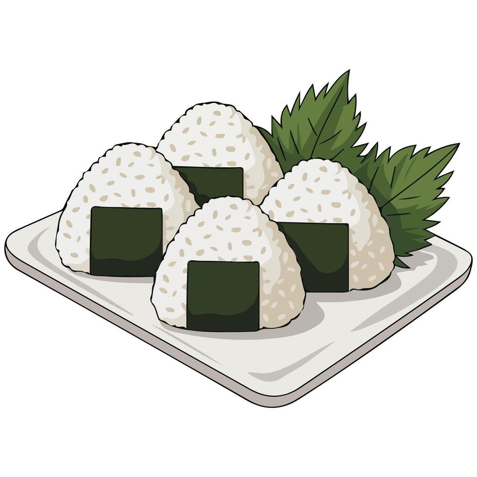 Japanese rice ball with tableware isolated illustration on white background vector