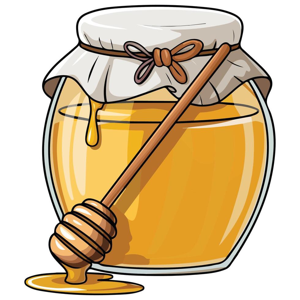 Honey jar with dipper and bee isolated illustration on white background vector