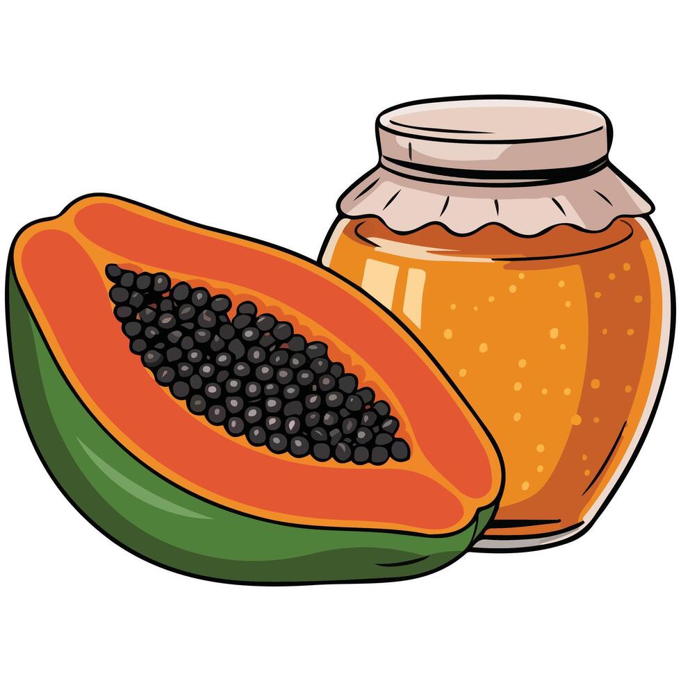Papaya jam jar with fresh fruit isolated illustration on white background vector