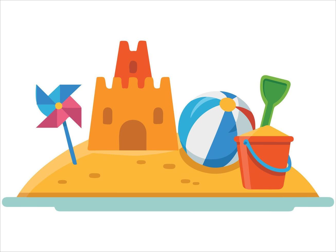 Sandcastle in sandbox with toys isolated illustration on white background vector
