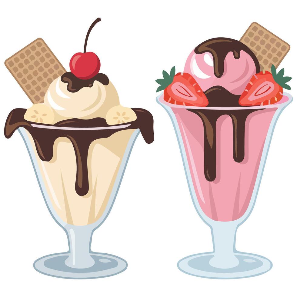 Ice cream sundaes set dessert isolated illustration on white background vector