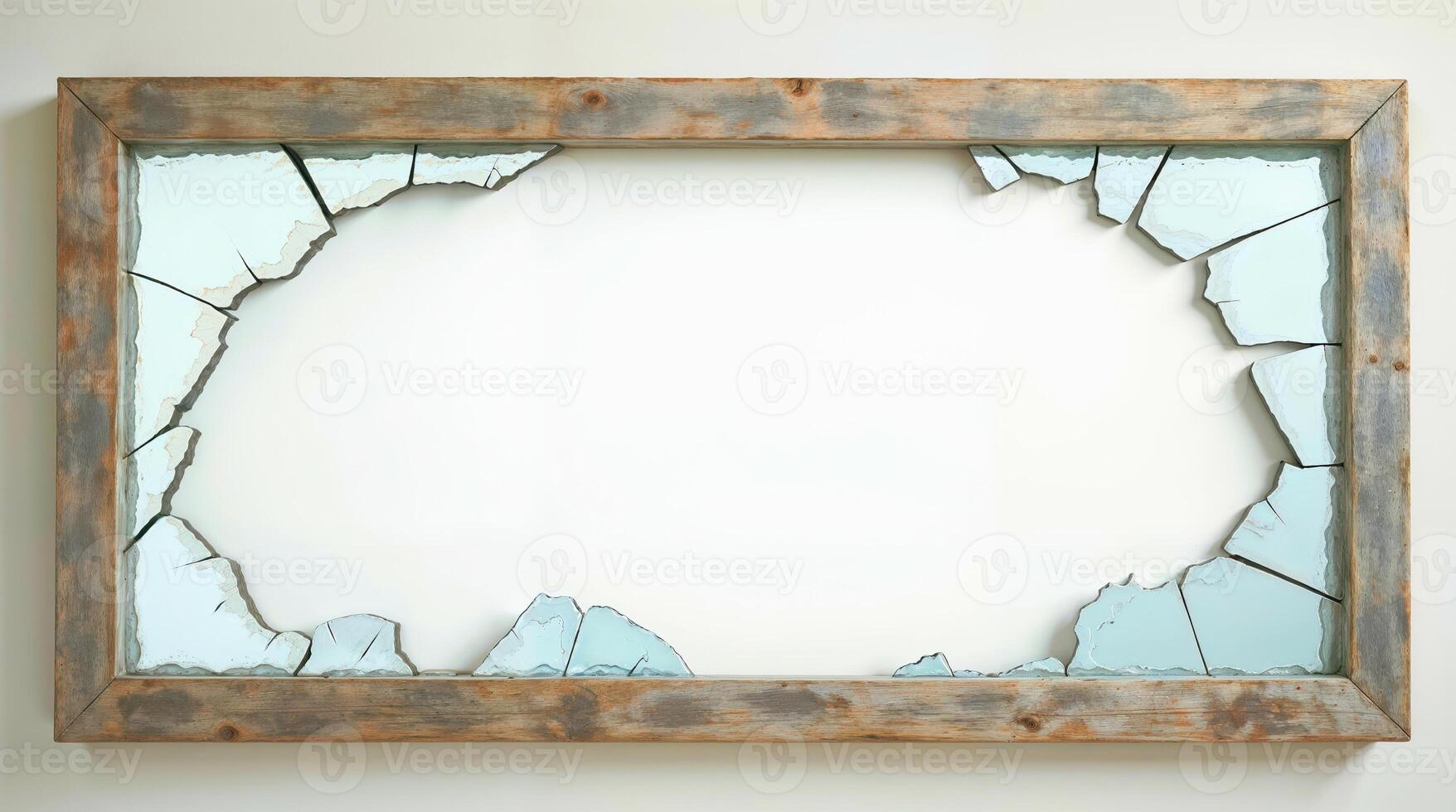 Old wood frame with broken cracked mirror shard edges photo