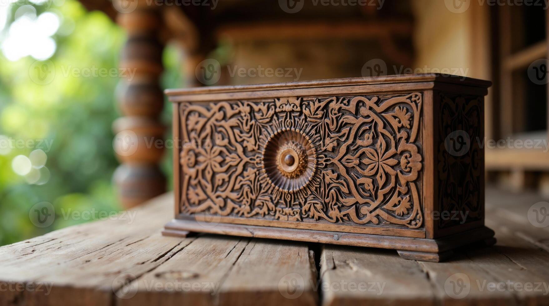 Carved wooden box with floral design on rustic table photo