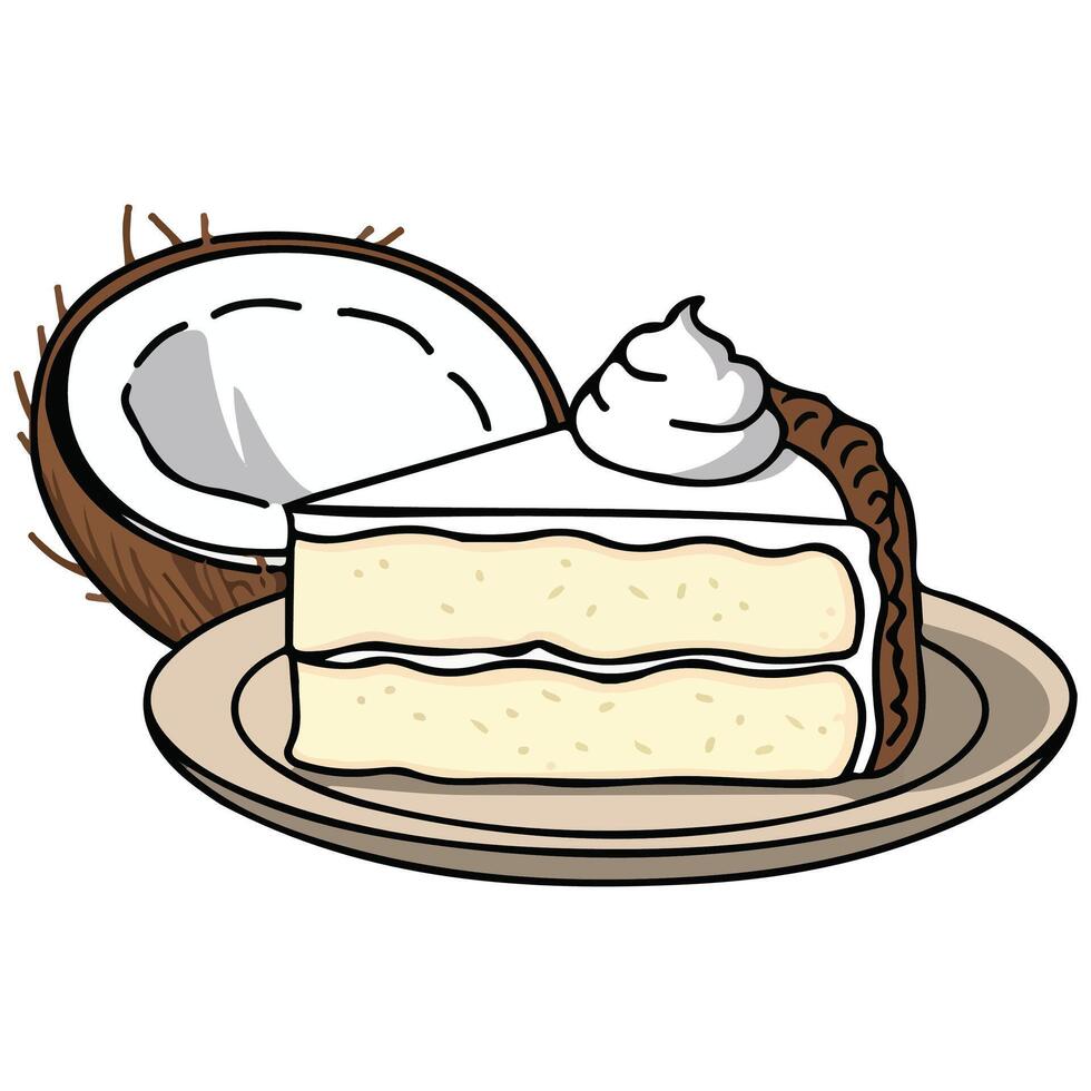 Coconut torte slice with cream isolated illustration on white background vector