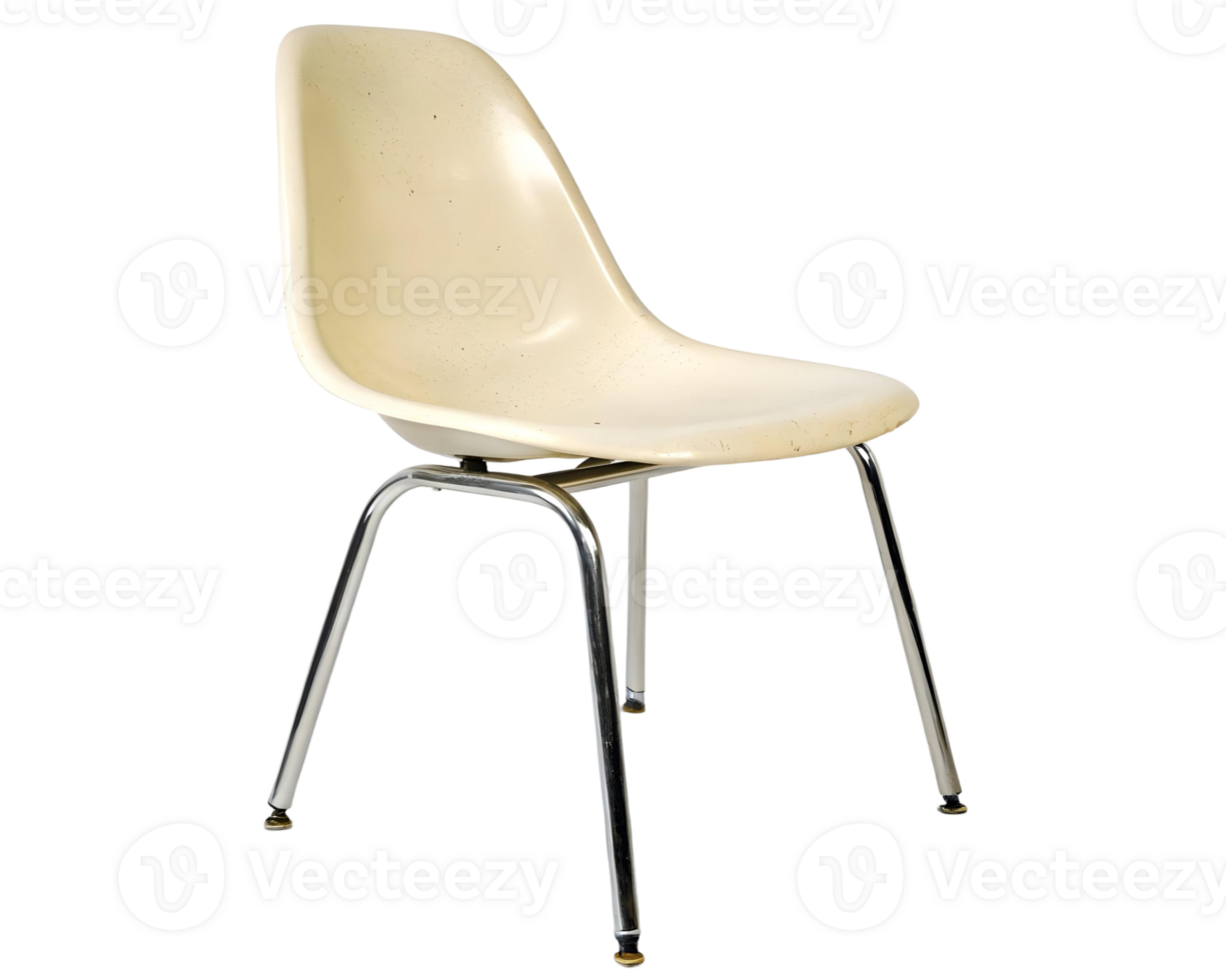 vintage chair with cream plastic seat and chrome legs on a transparent background in studio shot png