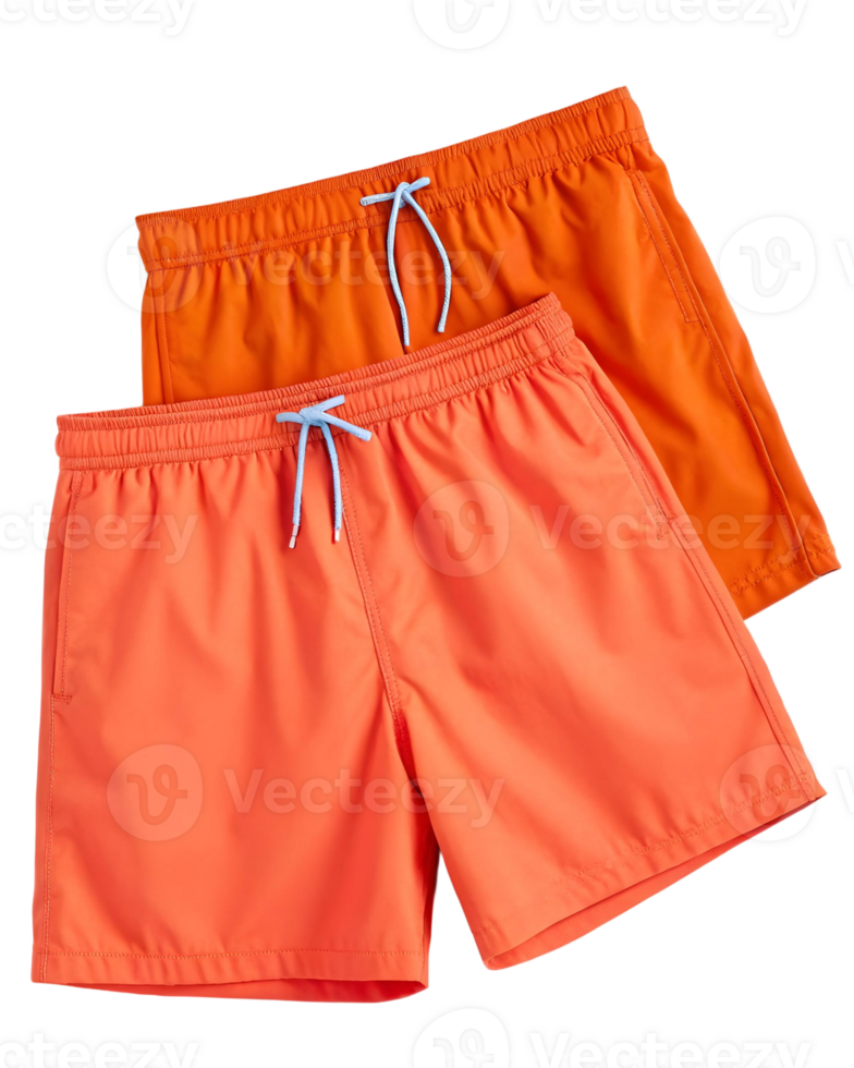 Two pairs of bright orange swim trunks with light blue drawstrings on a plain transparent background studio shot png