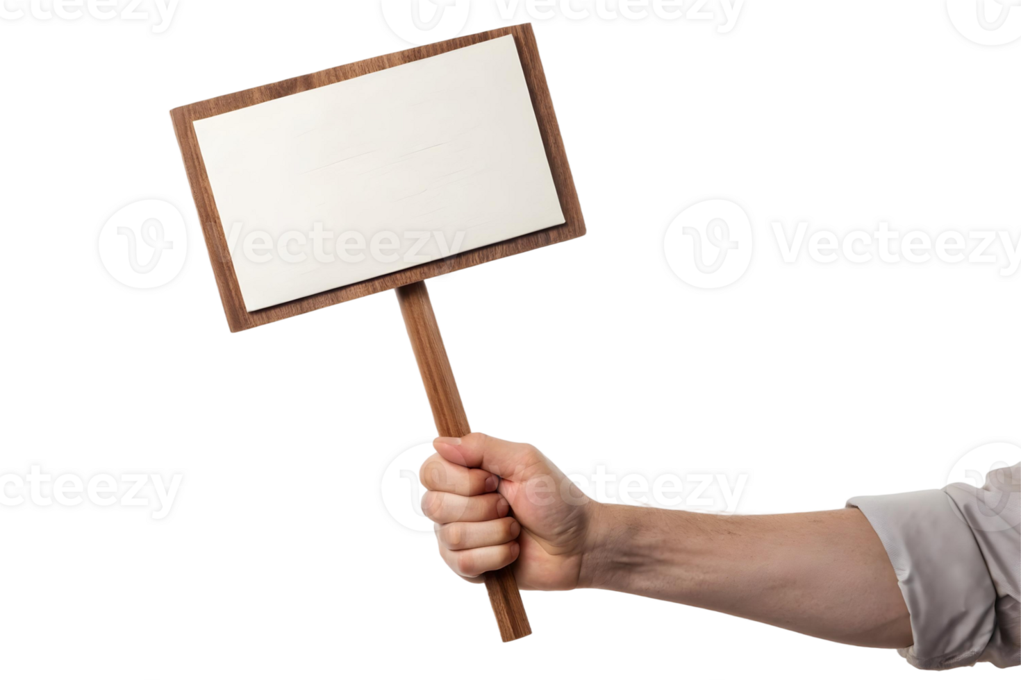 A person holding up a blank sign with a wooden frame against a studio background space for text png
