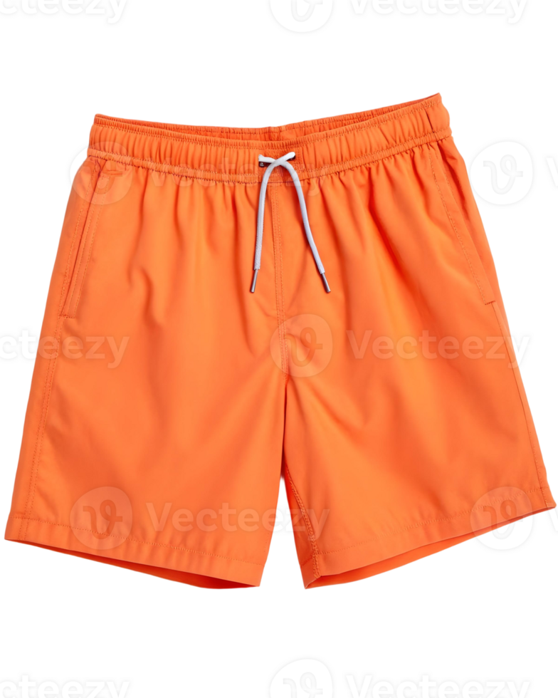 Isolated orange swim trunks with a white drawstring on a solid transparent background for summer apparel png