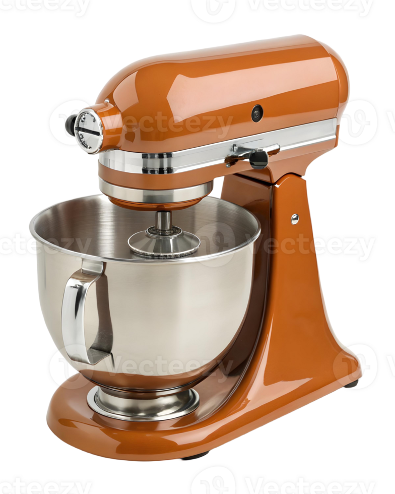 Close up of a copper colored stand mixer with stainless steel bowl on a transparent background png