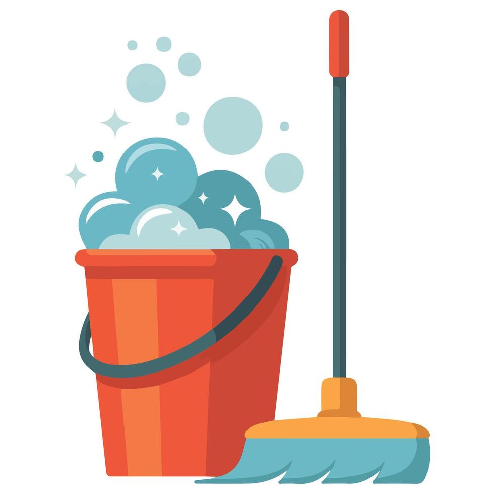 Plastic bucket with soap mop isolated illustration on white background vector