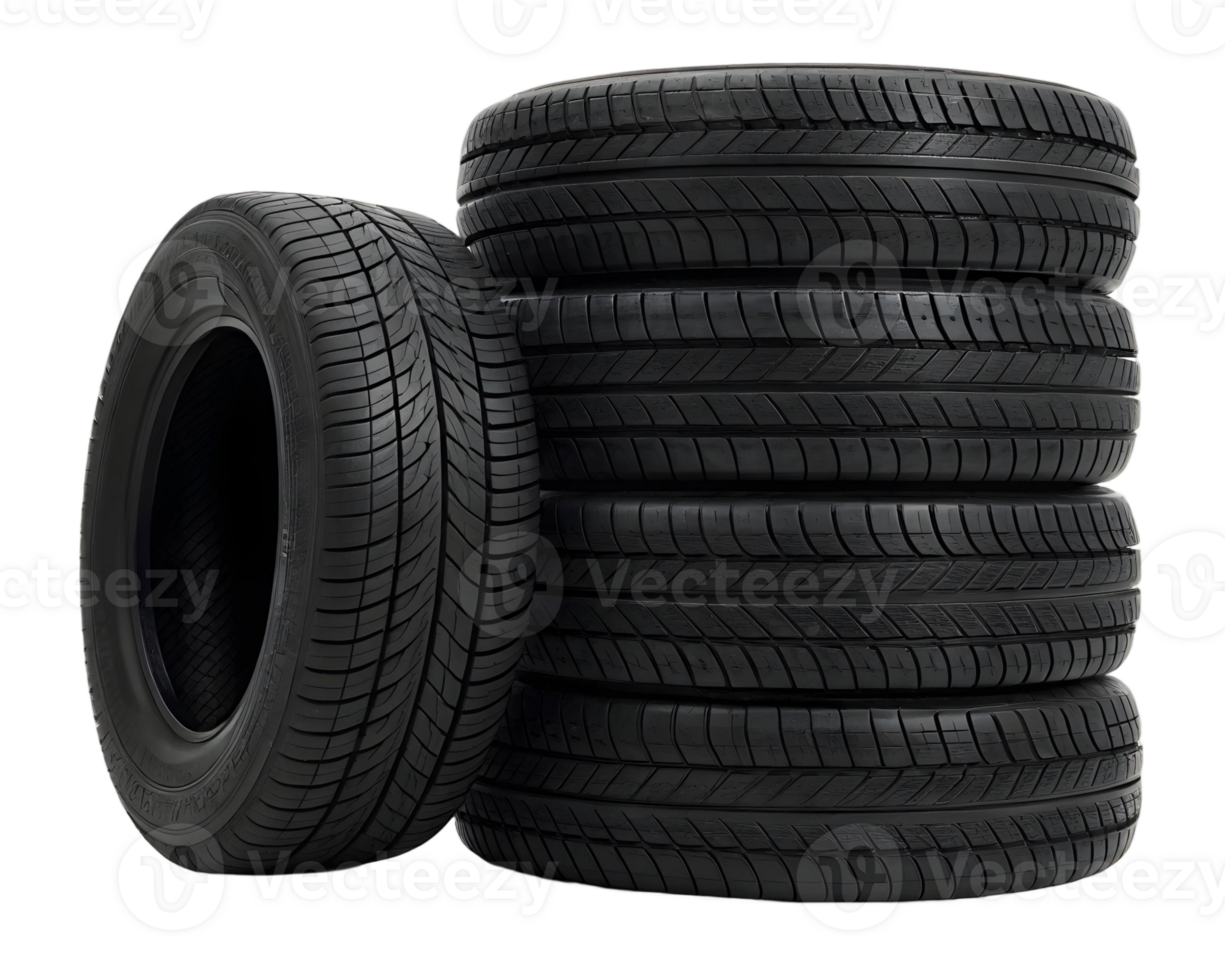 Stacked car tires and one standing tire isolated on a transparent background in a studio setting png