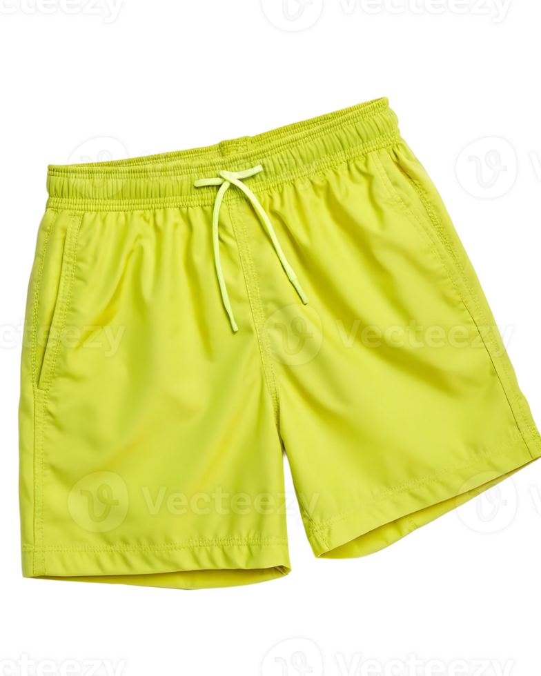 A pair of bright yellow swim trunks with a white drawstring on a transparent background studio shot png