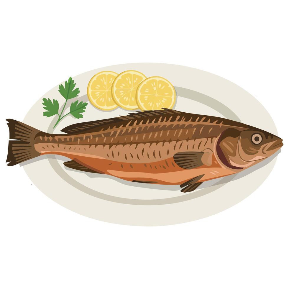 Fried fish with lemon on plate isolated illustration on white background vector