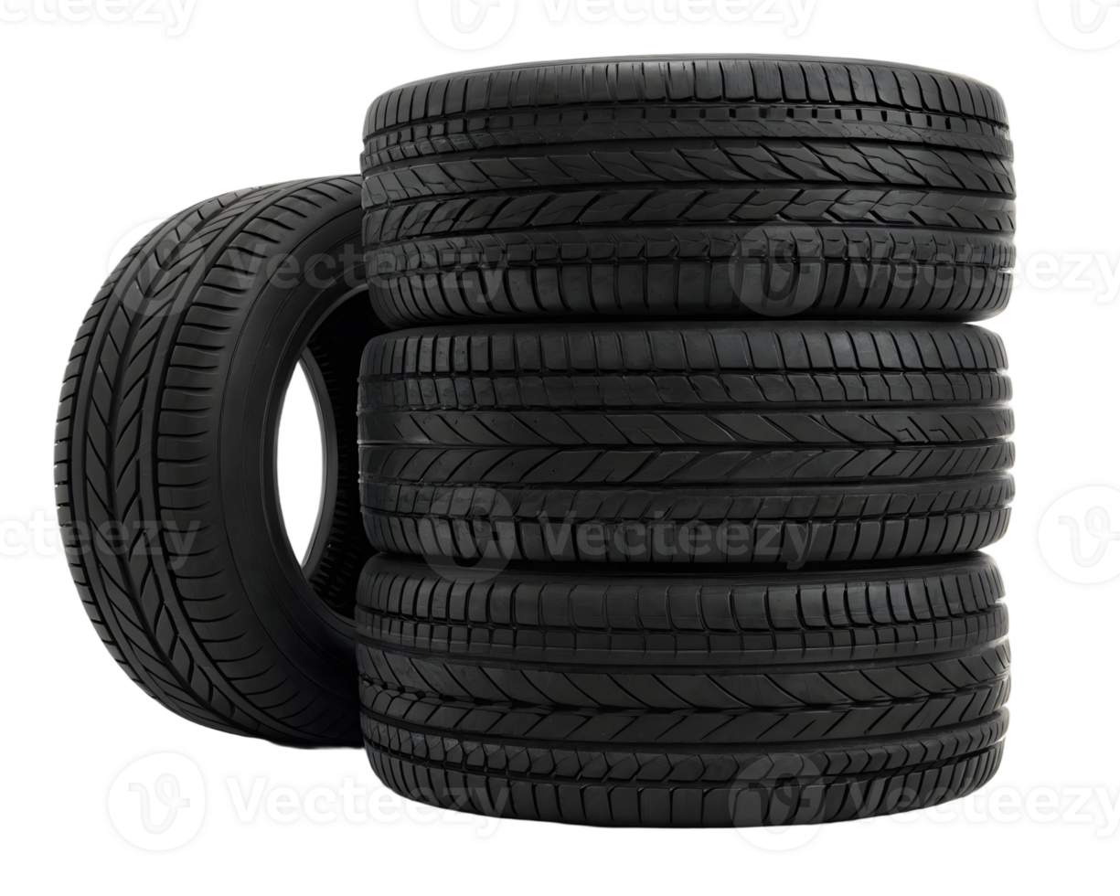 Stack of new car tires isolated on transparent background showing tread pattern and rubber texture png