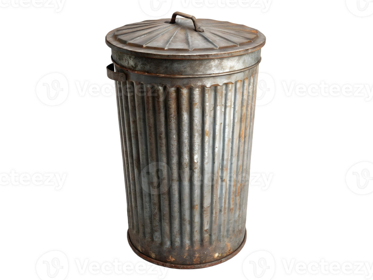 a weathered metal trash can with lid on a transparent background in studio lighting png