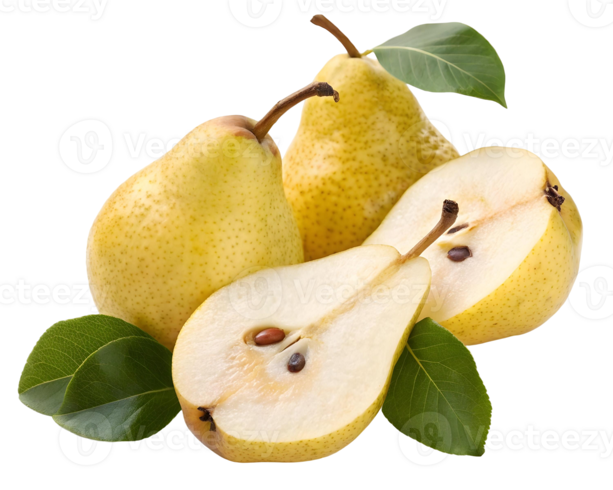 A group of yellow pears with green leaves and a sliced pear on a transparent background close up view png