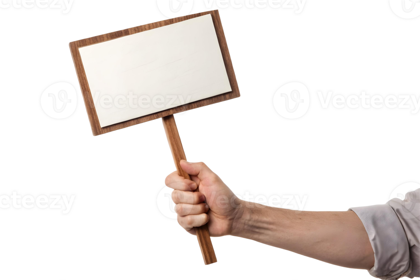 Hand holding a blank sign with wood frame on a stick against a transparent background studio shot png