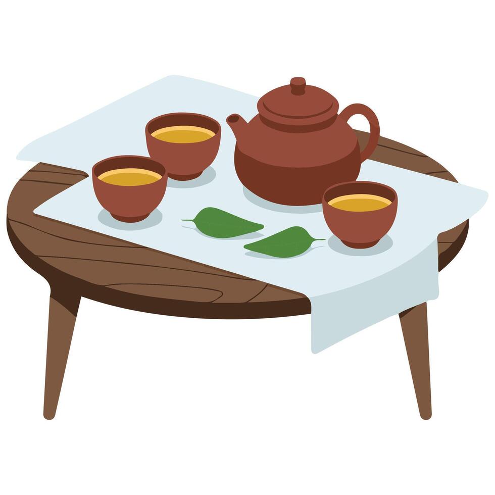 teapot cup wooden table tradition isolated illustration on white background vector