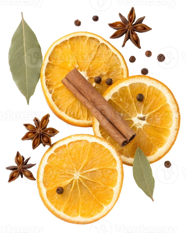 Orange slices with cinnamon sticks and spices isolated on a transparent background png