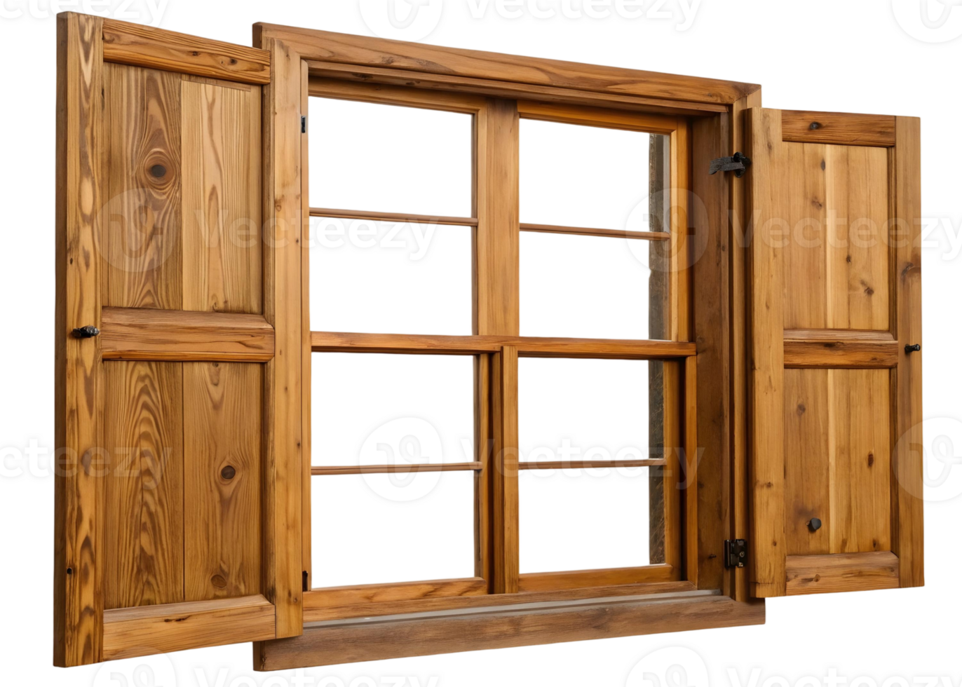 Rustic wooden window with open shutters showing the window frame and dark interior space inside home png