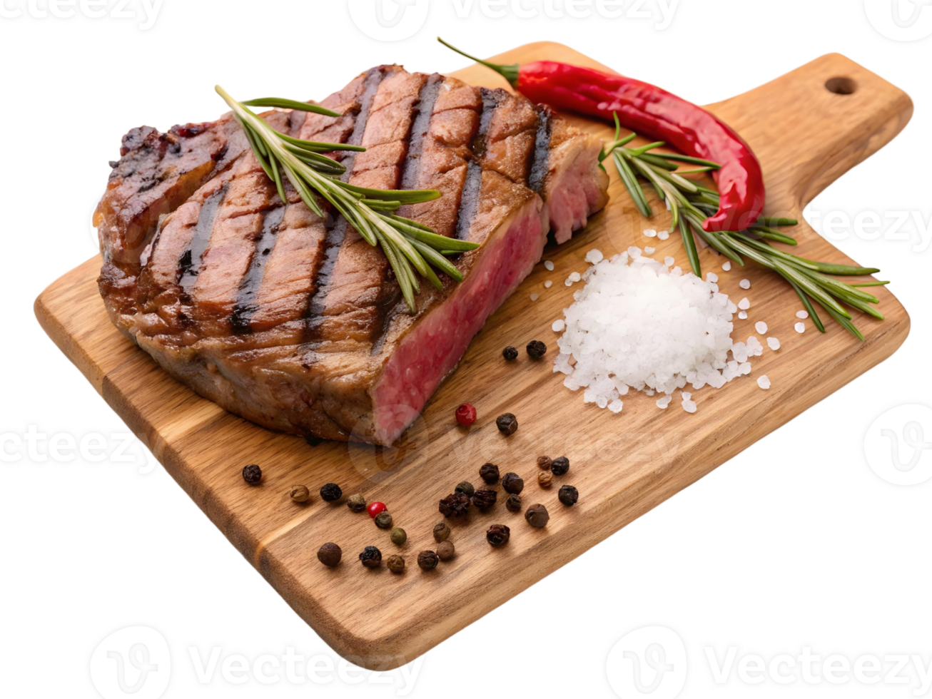 Grilled steak with rosemary and pepper on a wooden board against a transparent background isolated png