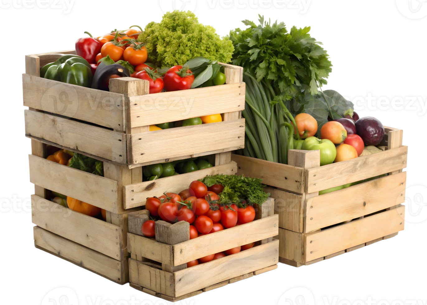 Fresh produce in wooden crates stacked high featuring a variety of colorful vegetables and fruits png