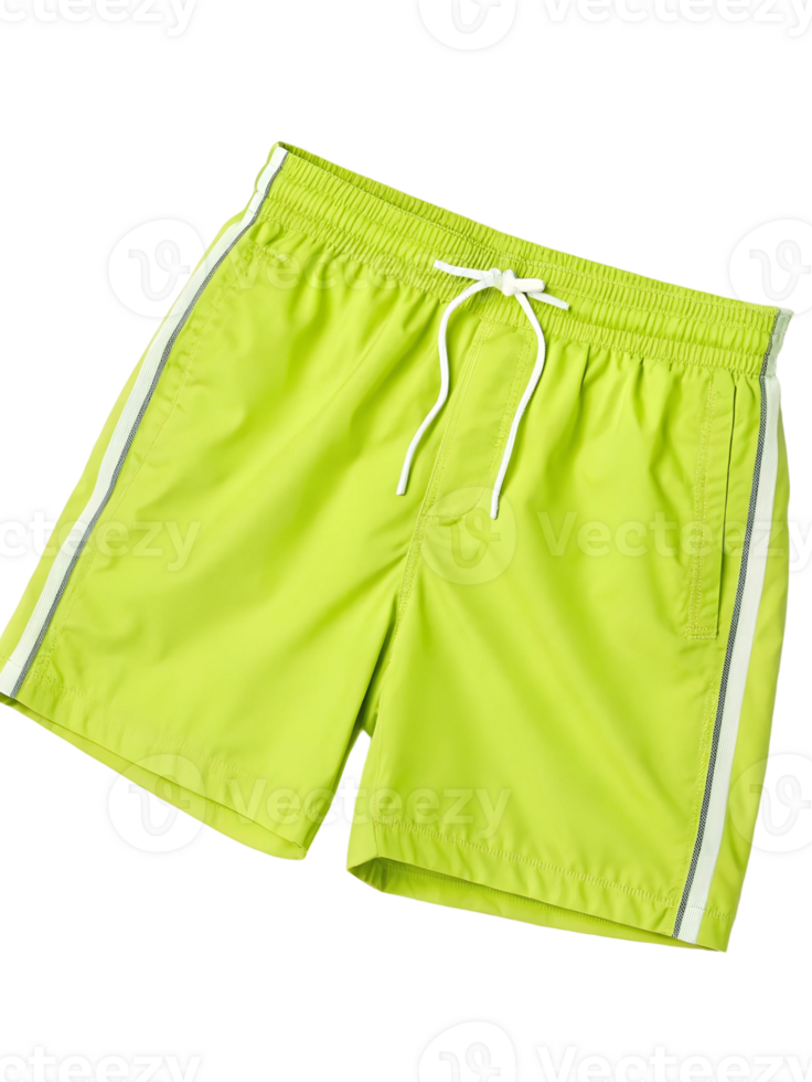 Isolated pair of neon green swim trunks with white drawstring and side stripe on transparent background png