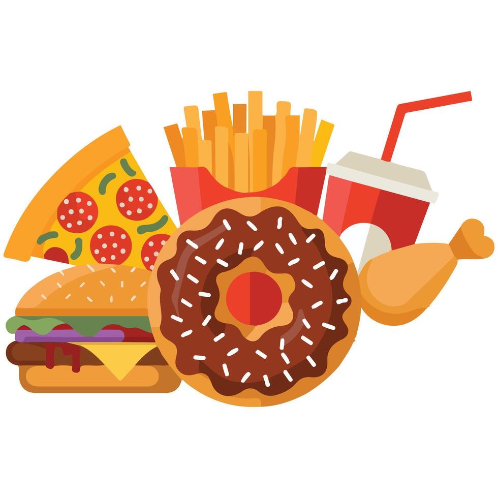 Junk food collection fried snacks art isolated on white background vector