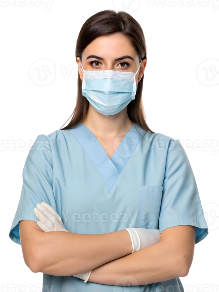 Portrait of a young female doctor in blue scrubs with arms crossed and a mask on a transparent background png