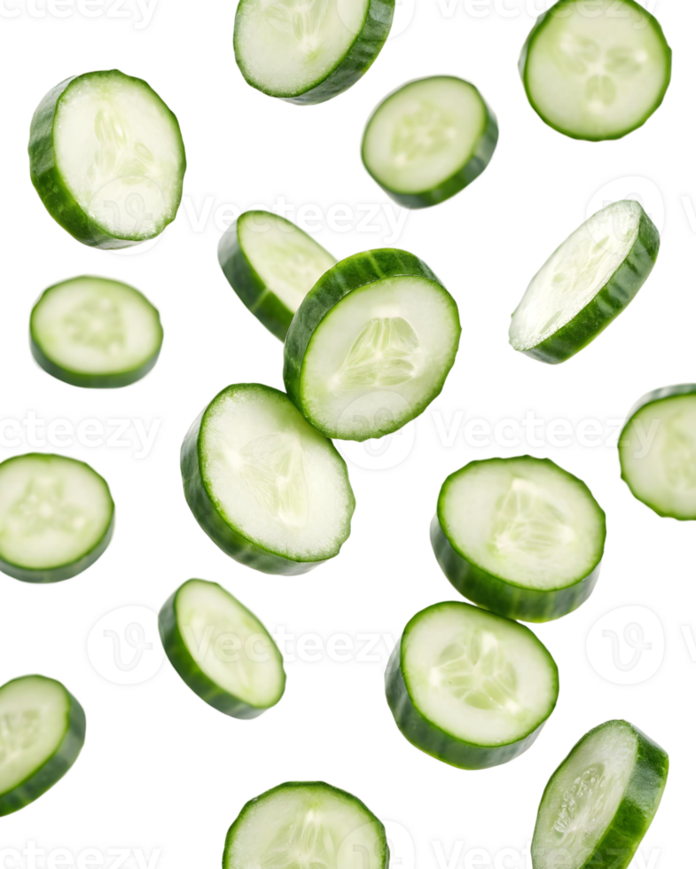 Cucumber slices floating in the air on a transparent background creating a fresh and vibrant pattern png