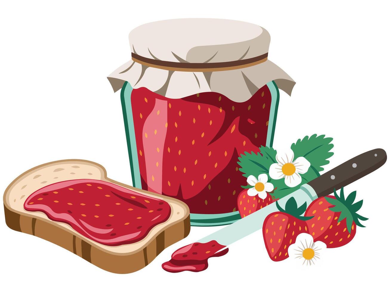 strawberry jam toast knife jar isolated illustration on white background vector