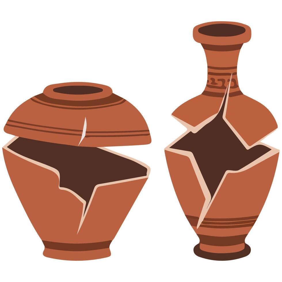 broken pottery ancient ceramic vases isolated illustration on white background vector