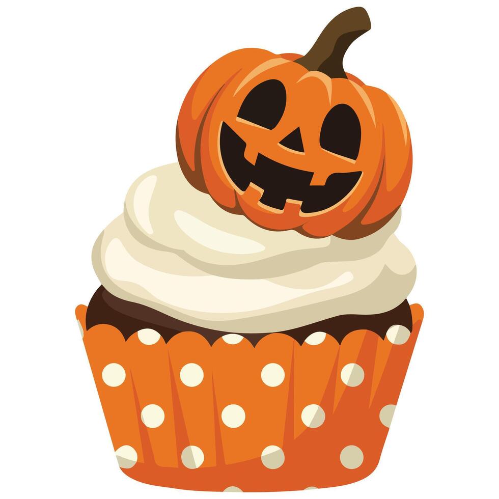 Smiling Halloween pumpkin cupcake isolated illustration on white background vector