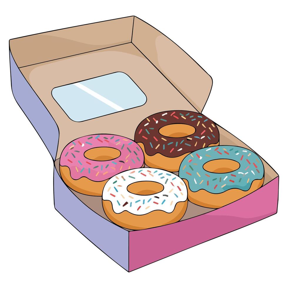 Colorful donuts in open box isolated illustration on white background vector