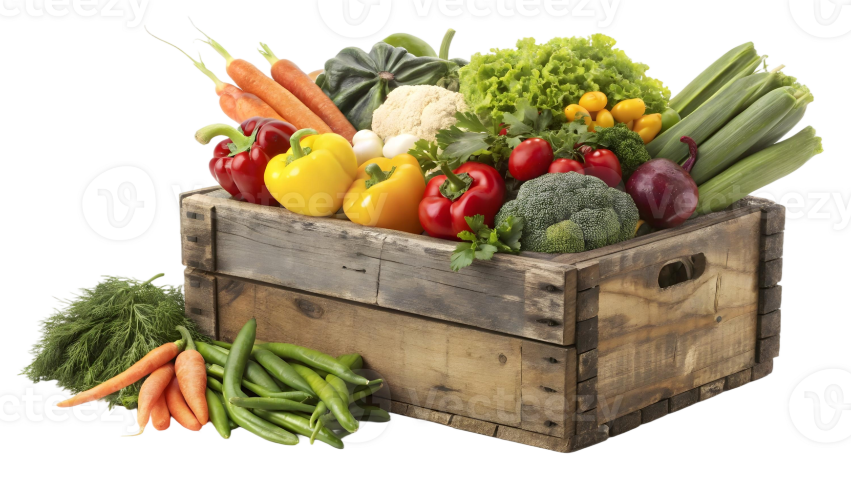 A rustic wooden crate overflowing with fresh vegetables and herbs on a transparent background png